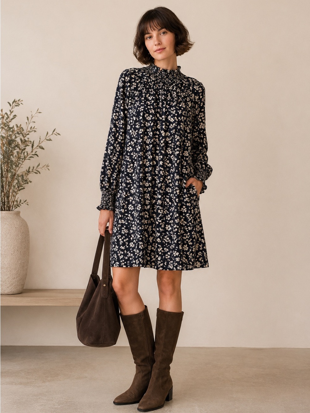 Comptoir des Cotonniers AGLAE Floral Smocked Dress Navy / Ivory FR 38 / US Small